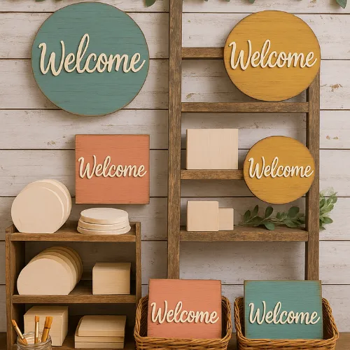 DIY sign painting kits from Kiowa Roots Designs—laser-cut wood pieces, stencils, and 3D elements to craft custom farmhouse-style home decor at your own pace