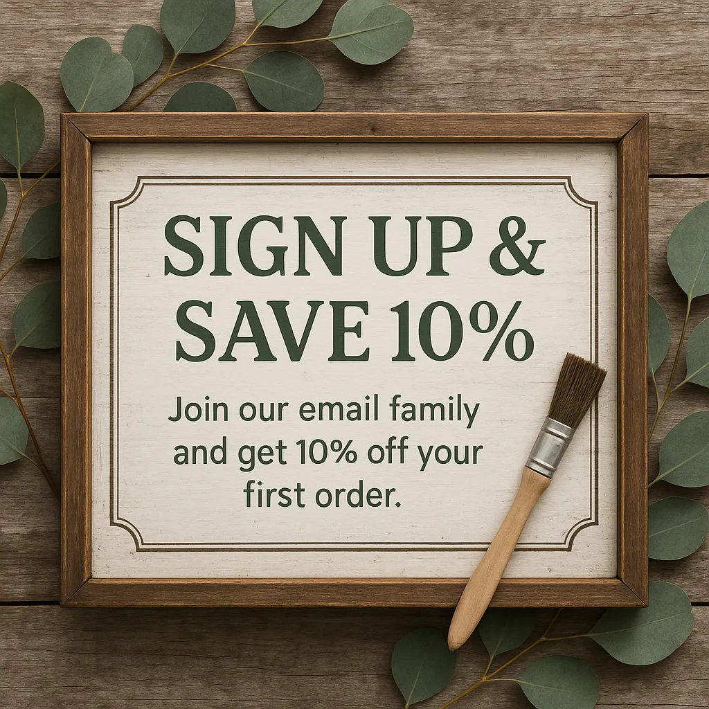 Email sign-up pop-up for custom wood signs, DIY sign kits, and engraved gifts – get a discount on your first $35 order at Kiowa Roots Designs.
