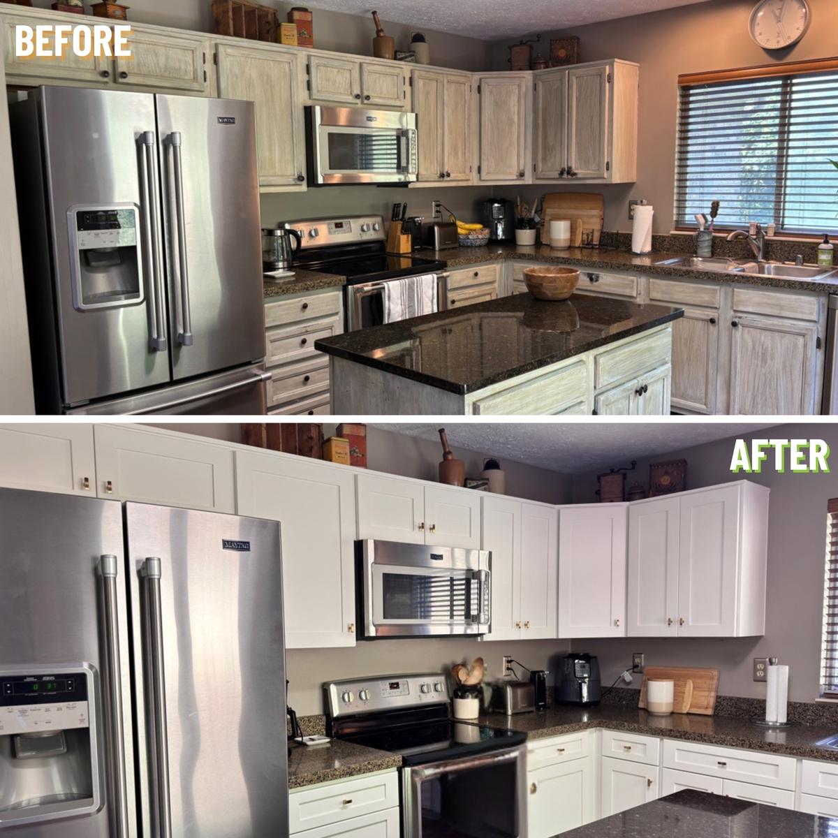 Before and after kitchen cabinet painting