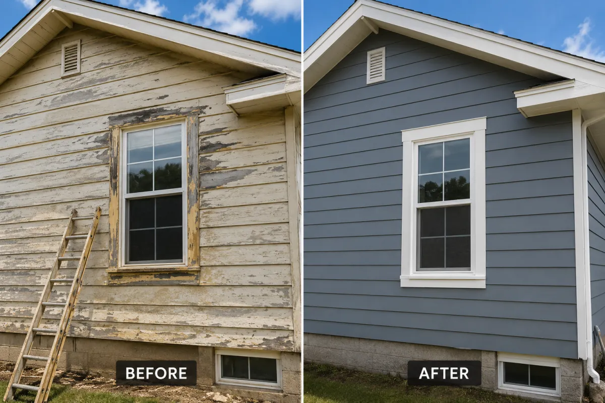 Before and after exterior blue house side view