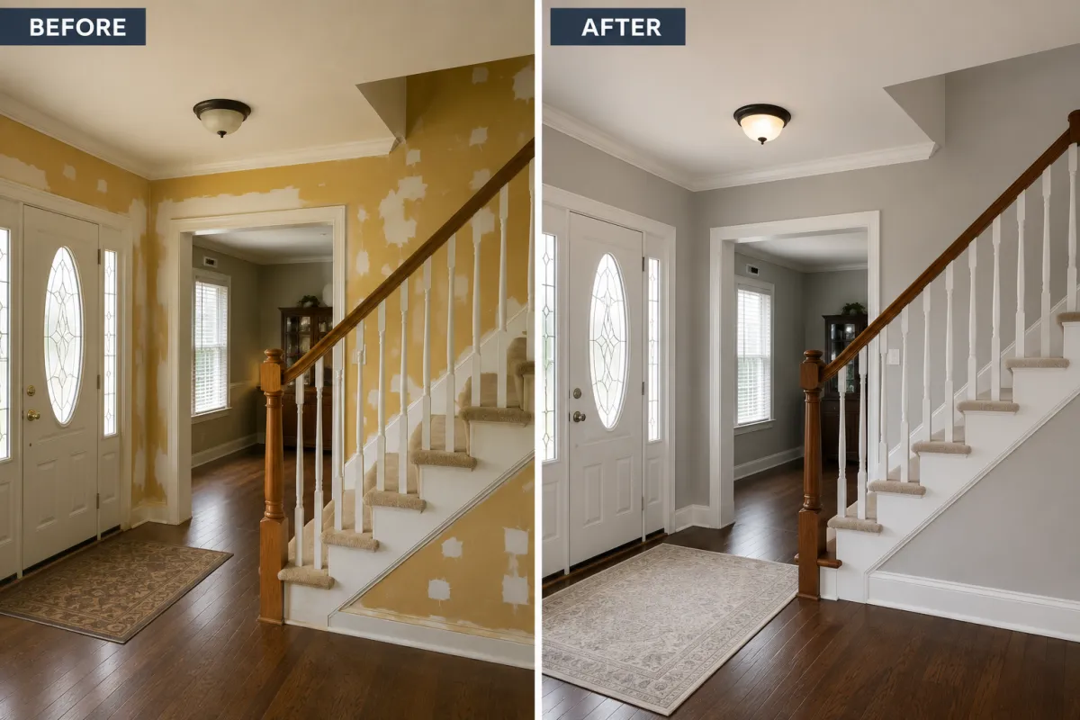 Before and after interior stairs and hallway
