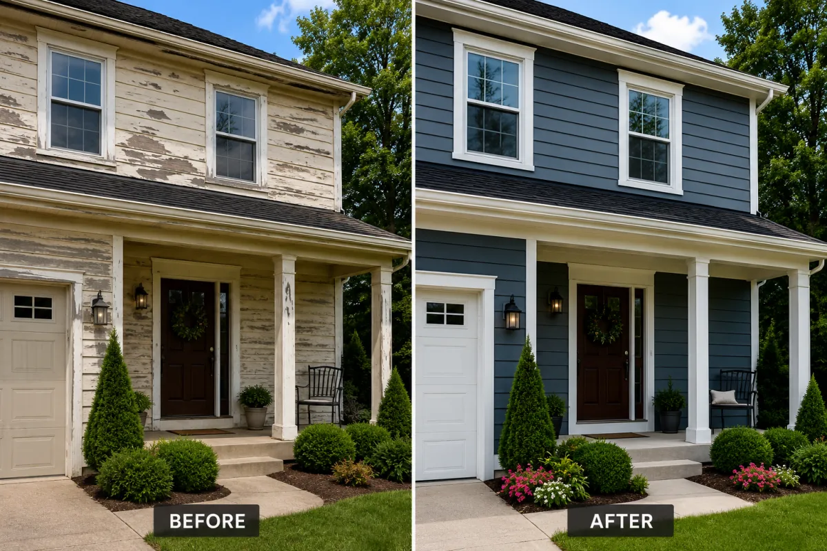 Before and after exterior blue house