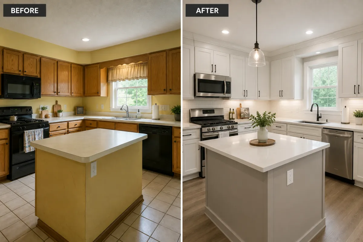 Before and after interior kitchen island