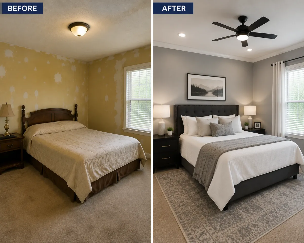 Before and after interior bedroom angle 2