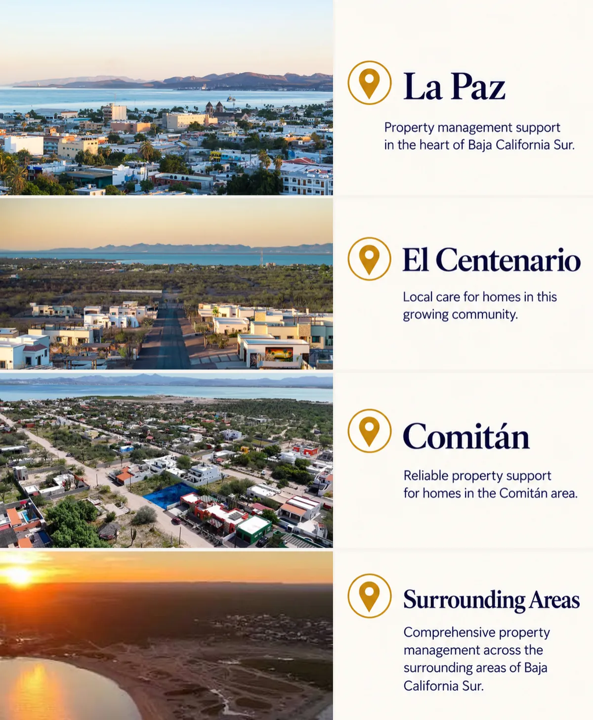 Areas we serve: La Paz, El Centenario, Comitán and surrounding areas of Baja California Sur