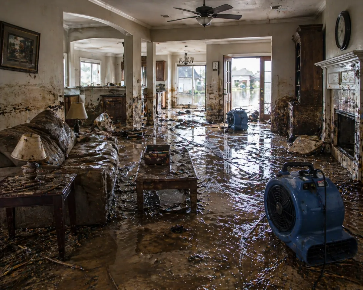 flood damage restoration team working in a spring tx home