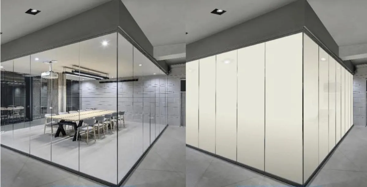 Smart film installed on home office glass wall switching from clear to frosted