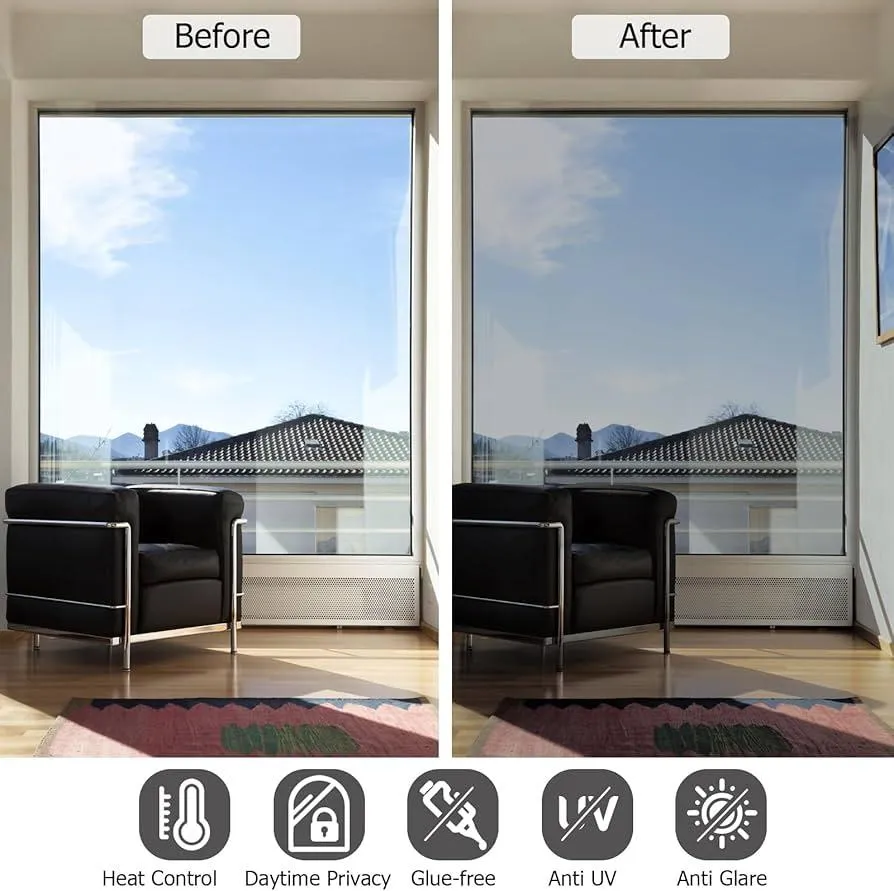 Before and after photo of window film install for heat and glare reduction