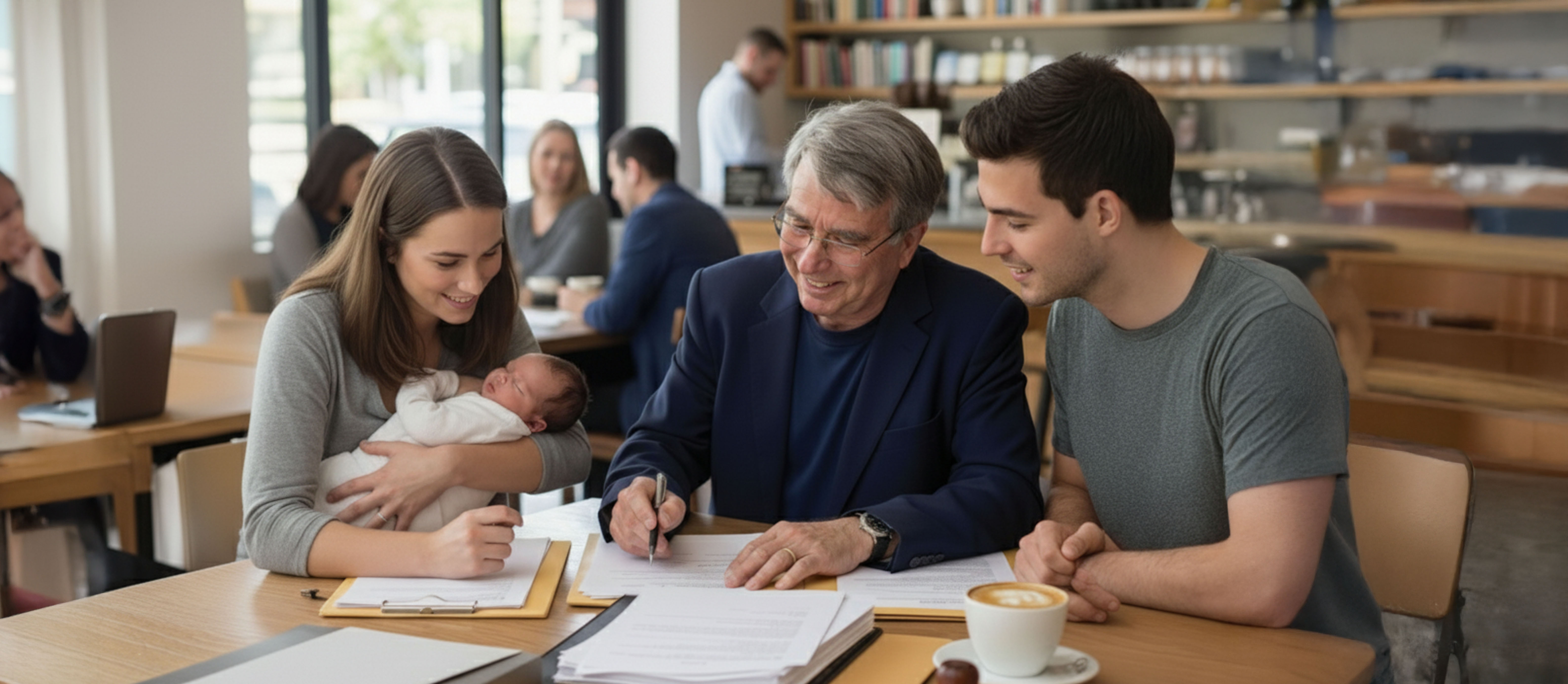 Cafe setting photograph showing Greg, a professional Mimosa Notary in a navy blazer, signing documents with a young couple holding a sleeping newborn baby in their arms. They are seated at a wooden table with coffee cups and notary folders. Bookshelves and other patrons are visible in the background, emphasizing convenient, mobile notary services for families in the local Lodi and Stockton community.