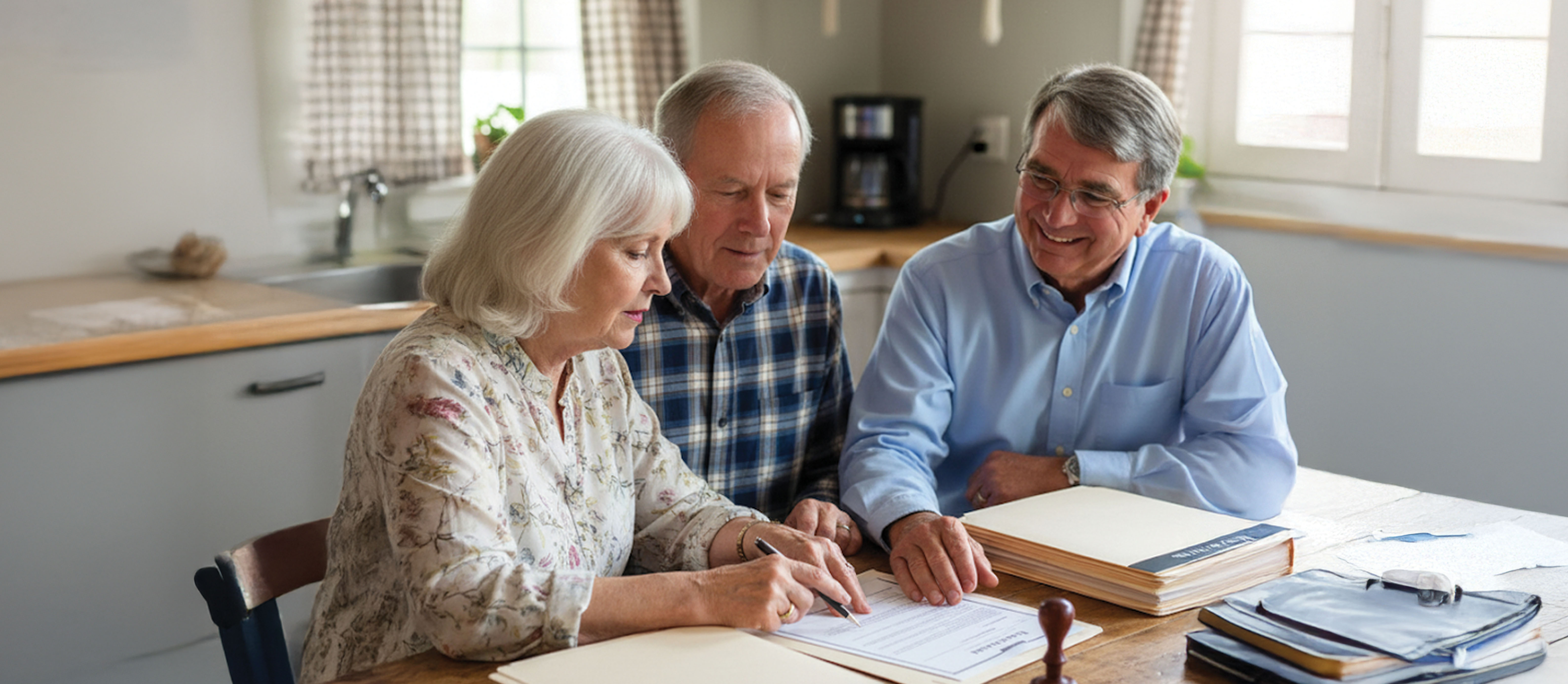 A heartwarming and professional close-up photograph taken at a wooden kitchen table in a comfortable, bright Lodi-Stockton home. An elderly couple, a woman with white hair and a floral blouse, and a man in a plaid shirt, are engaged in a document signing. The woman is actively signing a legal-sized page with a pen. Their friendly male mobile notary, Greg, with glasses and a light blue shirt, smiles at them as he observes the couple, placing a reassuring hand on his closed navy-blue Mimosa Notary journal which prominently displays the brand's quill and sunrise logo. Folders, another document, and a notary seal are on the table. The residential kitchen background, with a window and counter details, is softly out of focus. The lighting is warm and natural, reinforcing an empathetic, trustworthy, and convenient mobile notary service specifically for senior citizens finalizing estate planning or power of attorney.