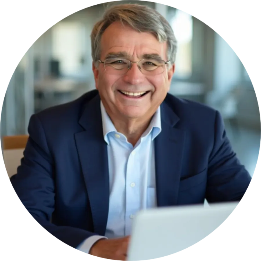 Gemini said A circular professional profile picture of Greg, an elderly man with short grey hair and clear-rimmed glasses, wearing a light blue collared shirt and a dark navy blue suit jacket. He is smiling warmly and looking directly at the camera. He is sitting at a desk, with parts of his hands and a laptop partially visible at the bottom of the circular frame. The background is a brightly lit but softly blurred (bokeh) open-plan office setting with furniture.