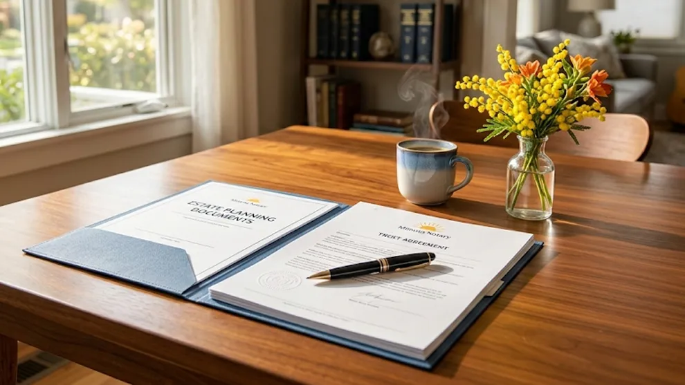 Close-up photograph of a Mimosa Notary mobile signing setup in a bright home. A leather notary journal displays signed and sealed documents for "Estate Planning" and "Will." In the background, warm residential details, fresh yellow mimosa flowers, and a sunny window view emphasize a calm, home-based professional service.