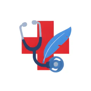 The icon is a composite symbol blending a diagonal quill pen, an integrated stethoscope, and a bright red medical cross positioned centrally behind them. The design represents a blend of legal and medical document services.