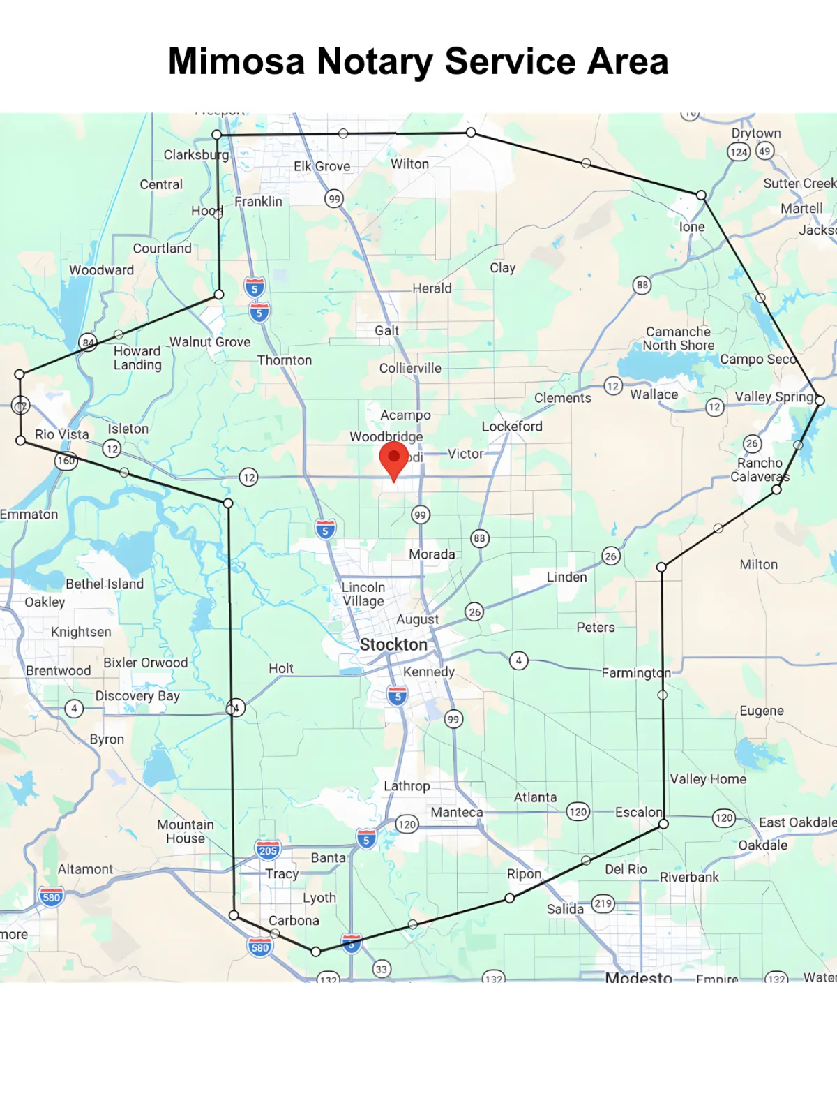 A map titled "Mimosa Notary Service Area," showing the precise geographic region served by Mimosa Notary. A black polygonal line denses a specific service boundary on a regional map of Central California, centered near Lodi and Woodbridge. A red location pin marks the central area. Serviceable towns and cities contained entirely within the boundary include Lodi, Woodbridge, Galt, Thornton, Acampo, Victor, Lockeford, Clements, Wallace, and Linden. Portions of larger cities like Stockton are also included. Surrounding reference locations are Elk Grove and Wilton (north of boundary), lone and Drytown (northeast), Valley Springs and Rancho Calaveras (east), Farmington, August, and Stockton (south/southwest), and Walnut Grove, Thornton, and Clarksburg (west). Major highways CA-99 and I-5 are shown running north-south through the area. Reference landmarks outside the boundary, such as the Camanche Reservoirs, are also visible.