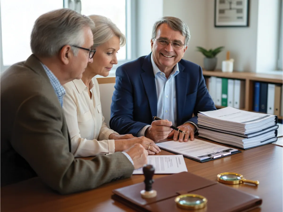A heartwarming, professional photograph of Greg, a certified mobile notary with Mimosa Notary, facilitating an estate planning signing for an elderly couple in Lodi. Greg (left, in a navy jacket and glasses) smiles reassuringly ('the Calm Expert') while guiding the seniors through a complex trust agreement or will on a clipboard. The couple examines the legal paperwork with care. A towering stack of case files nearby emphasizes meticulous detail and experience. The bright, private office setting in the Central Valley background builds trust and security.