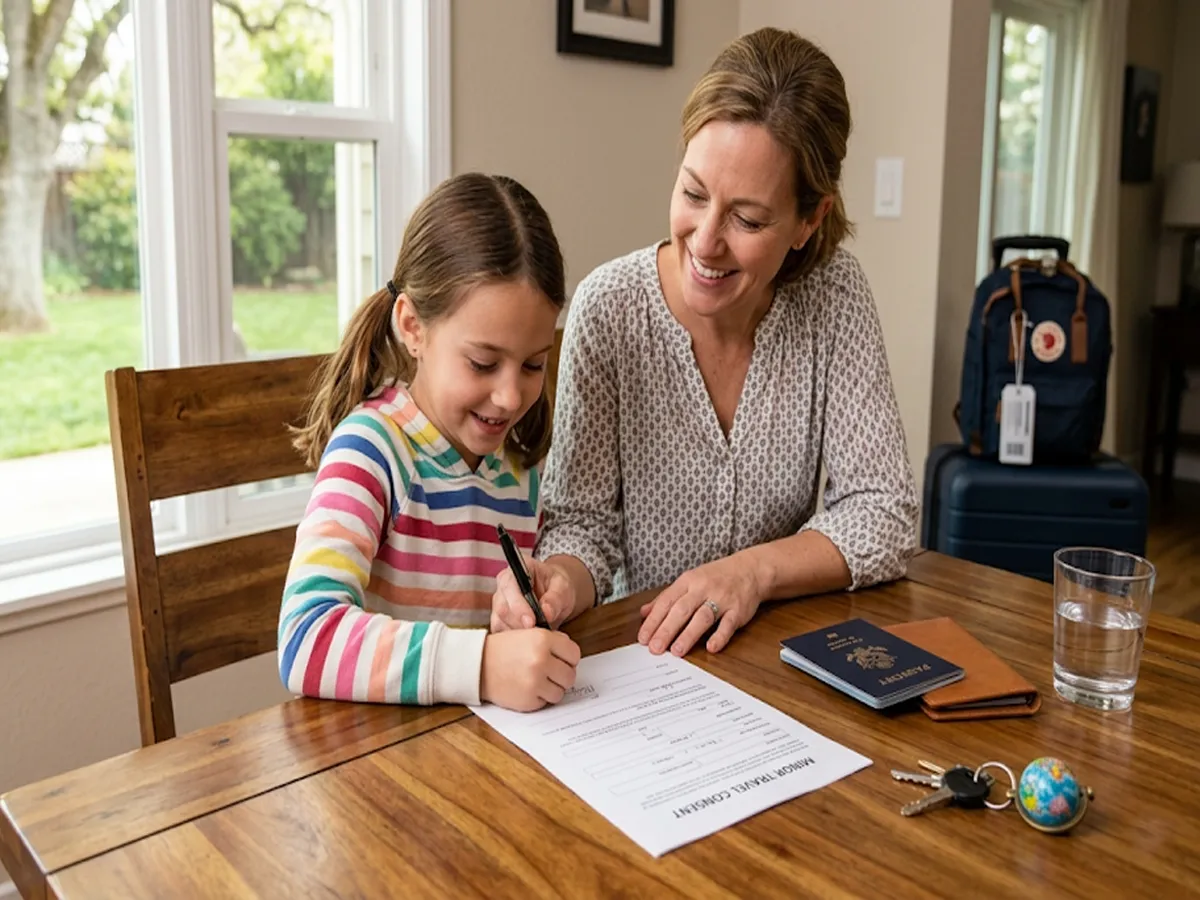 A professional photograph of a parent and child preparing for international travel at their home in Lodi. A Minor Travel Consent form is placed next to a passport, ready for a mobile notary signing. This image represents the peace of mind and legal security provided by Mimosa Notary for families in San Joaquin County.