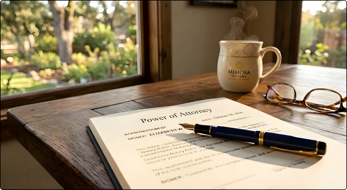 Power of Attorney legal document layout on a wooden desk with a Mimosa Notary coffee mug, fountain pen, and reading glasses for mobile notary services in San Joaquin County.