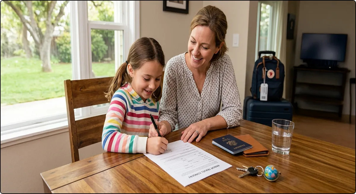 A mother and daughter complete a minor travel consent form at their kitchen table next to U.S. passports and packed luggage before a mobile notary appointment.