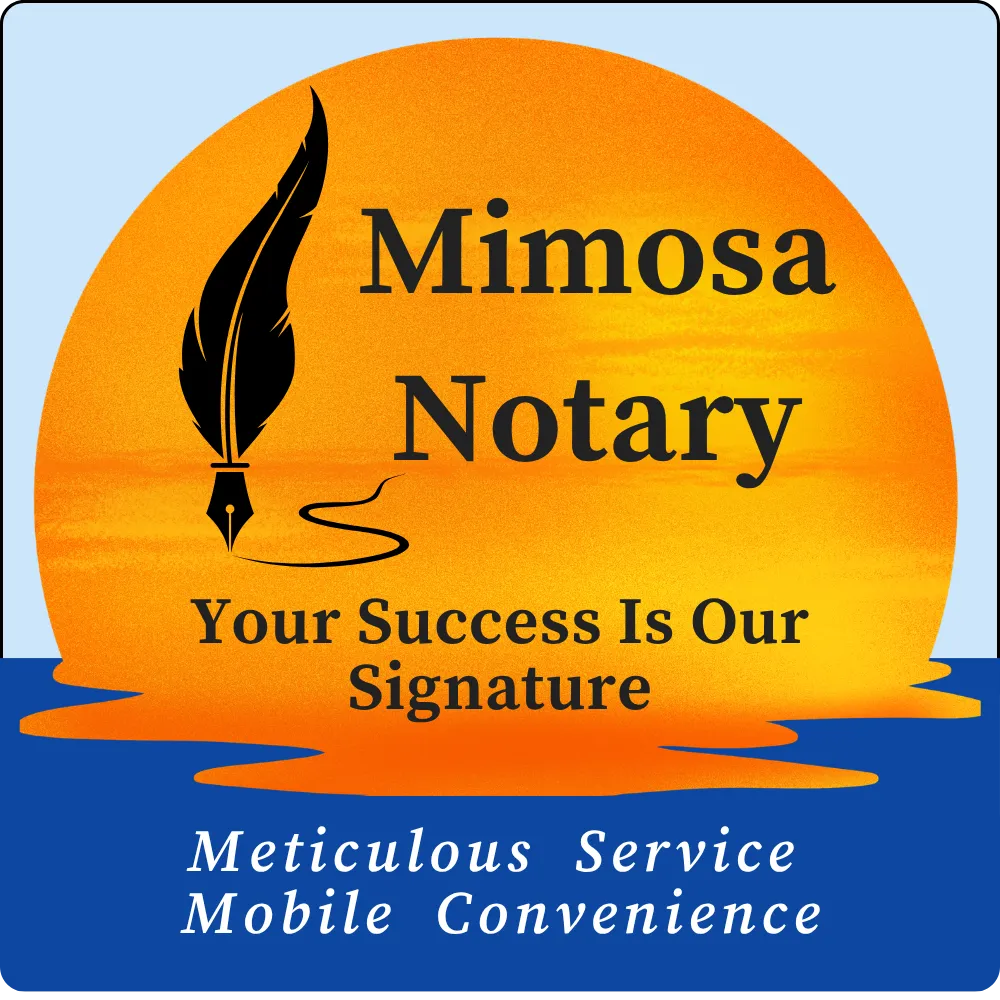 Full graphic brand logo for Mimosa Notary. An antique quill pen and ink graphic rests over a large, glowing orange sunrise reflecting over blue water. Text inside the sunrise is "Mimosa Notary" and "Your Success is Our Signature" Text on the water is "Meticulous Service. Mobile Convenience." The entire design is on a white background.