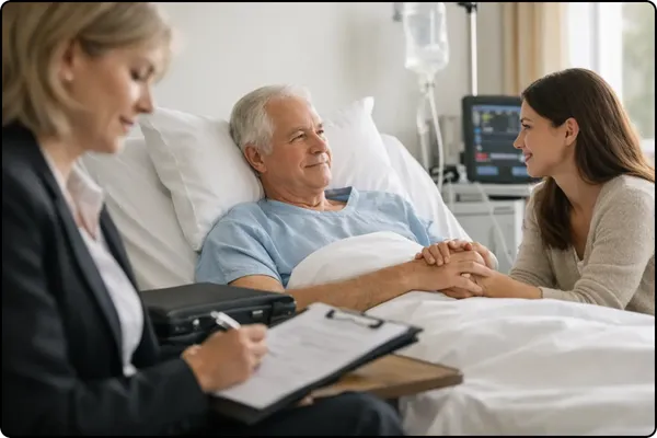 Mobile notary public administering a hospital bedside signing for legal documents on a patient medical tray table in San Joaquin County.