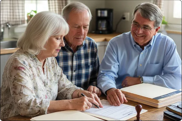 An elderly parent signs a power of attorney and healthcare directive at a wooden table during a patient home visit with a mobile notary public.