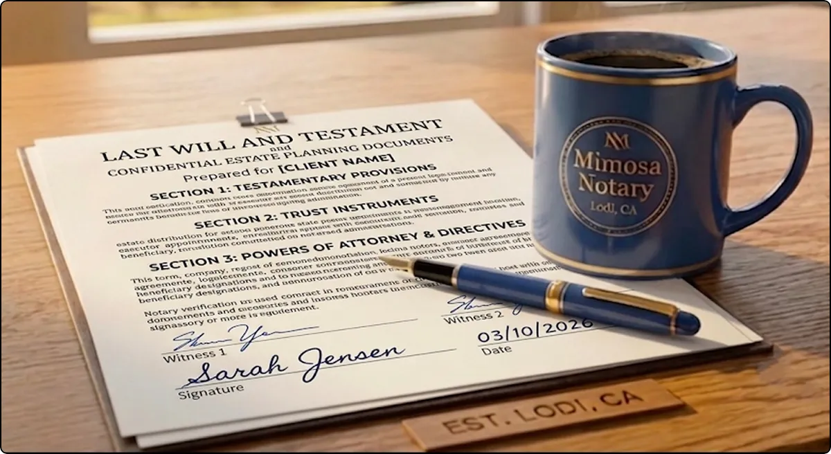A completed California Last Will and Testament document layout displaying required witness signature lines next to a premium blue Mimosa Notary Lodi CA coffee mug.