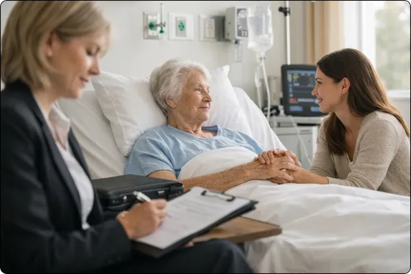 Mobile notary professional facilitating an estate planning document signing at a hospital bedside in San Joaquin County