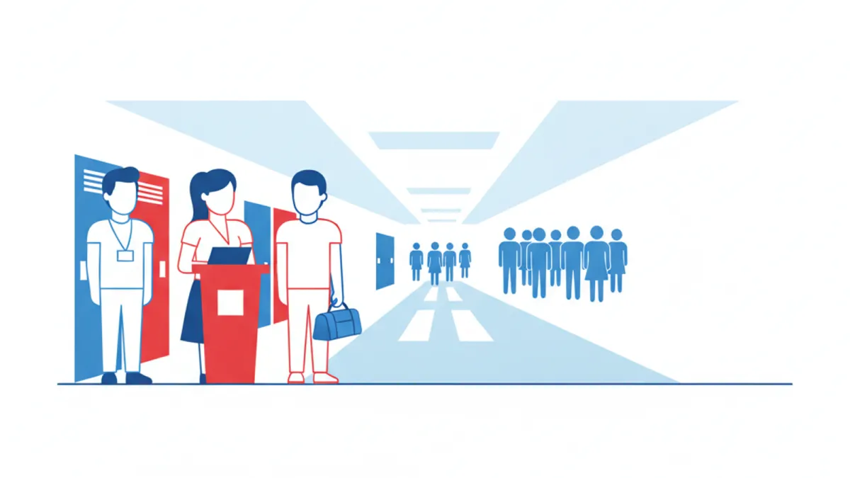 Three stylized adults -- a counselor, a teacher, and an outside coach -- standing at the start of a school hallway facing a crowd of student silhouettes, representing the choice of who should deliver a soft skills program