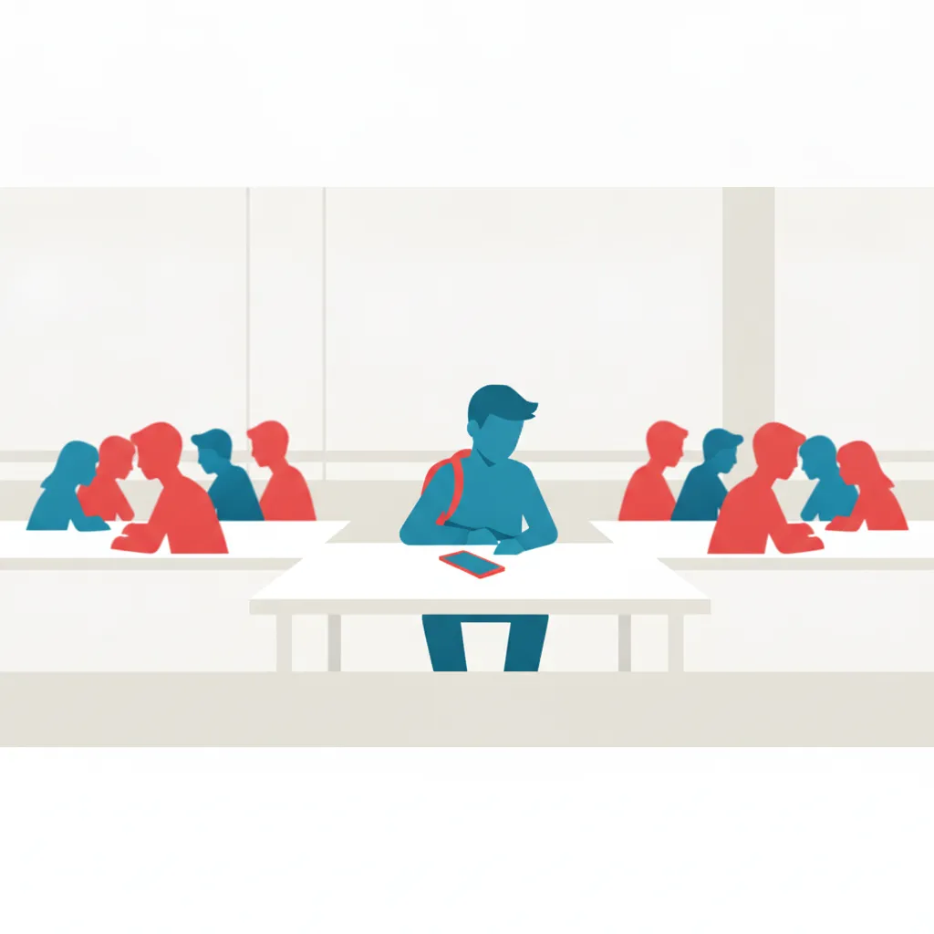 A teenager sitting at a lunch table between two blurred groups of peers, phone face-down and unused, looking uncertain about how to start a conversation