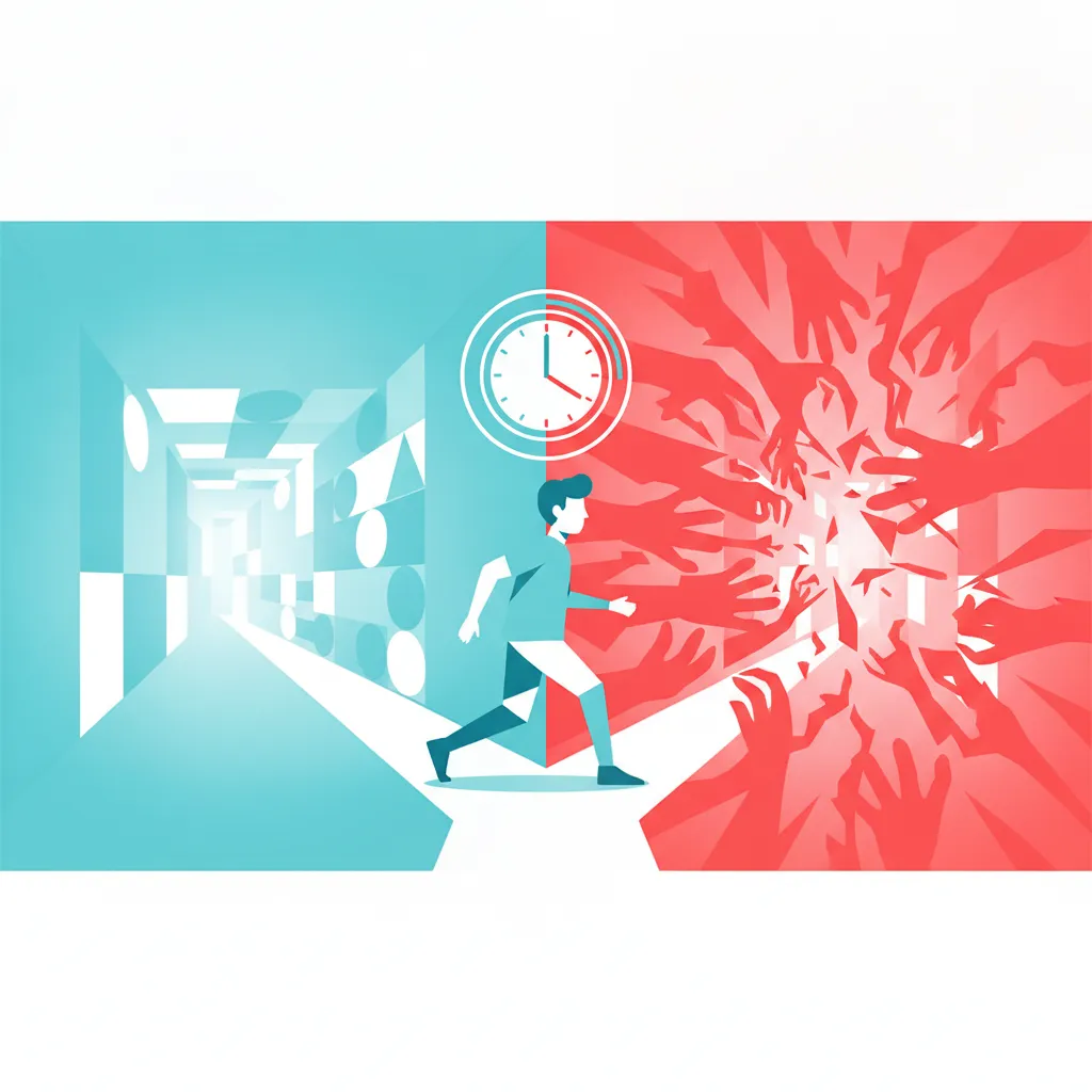 A stylized teenager frozen at a fork in a school hallway, one path calm and geometric and the other charged with sharp red shapes, representing a split second decision under pressure.