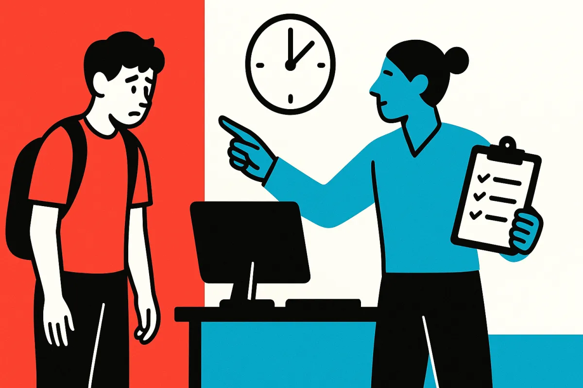 A high school intern standing uncertainly at a workplace desk while a mentor figure gestures toward a clock and a clipboard, symbolizing a coaching moment about workplace readiness