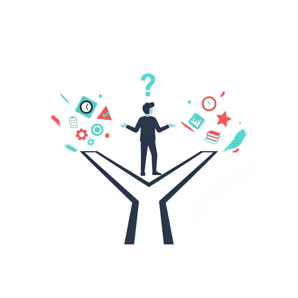 Stylized illustration of a teenage figure at a fork in a path with floating geometric task and clock shapes, choosing which to prioritize first, in flat brand-color illustration