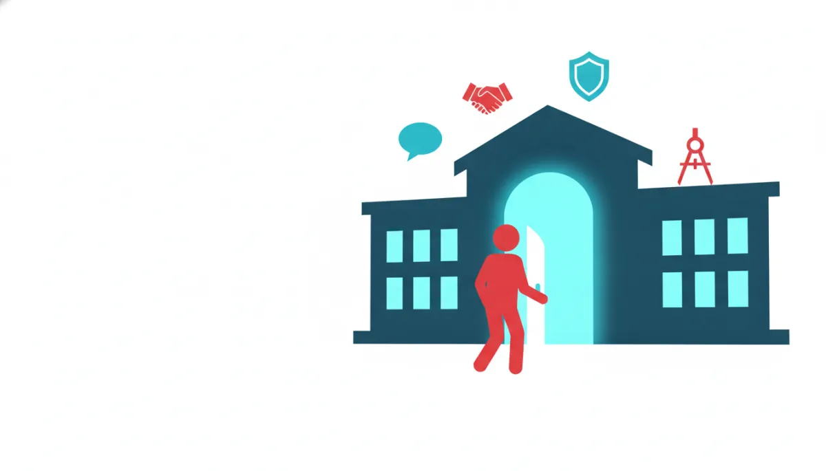 Stylized illustration of a student figure hesitating at a glowing school doorway with skill icon shapes nearby, representing the skills gap behind chronic student absenteeism
