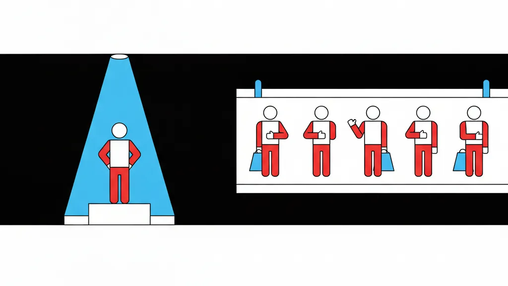 A single tall spotlight illuminating one moment on a stage, contrasted with a series of smaller repeated practice sessions arranged like a calendar strip below it