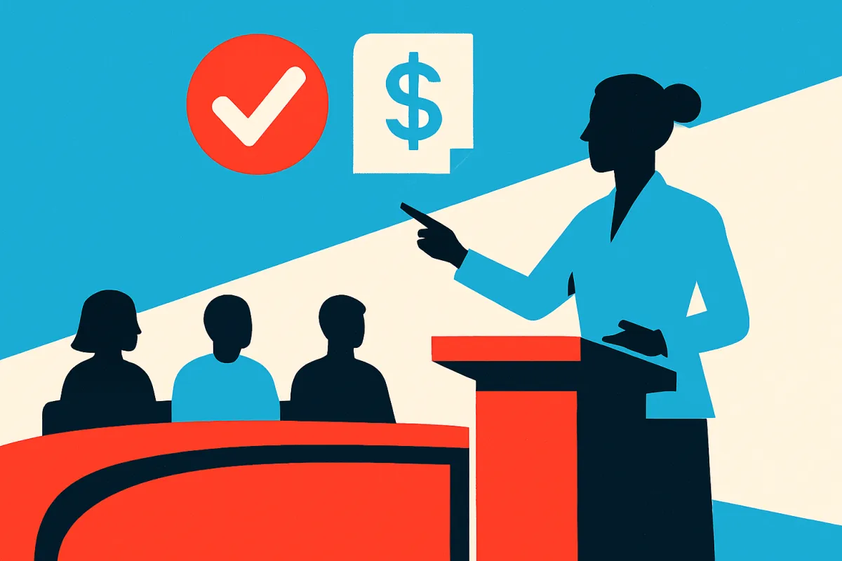 A superintendent presenting a curriculum funding proposal to a school board, with a checkmark and budget icon symbolizing approval