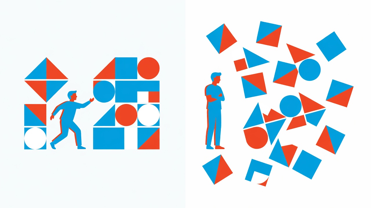 A stylized illustration contrasting a thriving elementary-age figure among organized shapes with a teen figure standing apart from scattered shapes