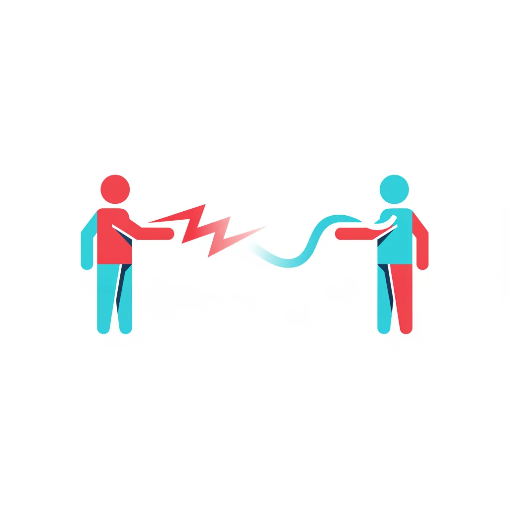 Two stylized human figures facing each other across a jagged lightning-bolt shape that transforms into a smooth connecting line, rendered in flat geometric shapes with bold cyan, red, and white brand colors, representing conflict transforming into resolution