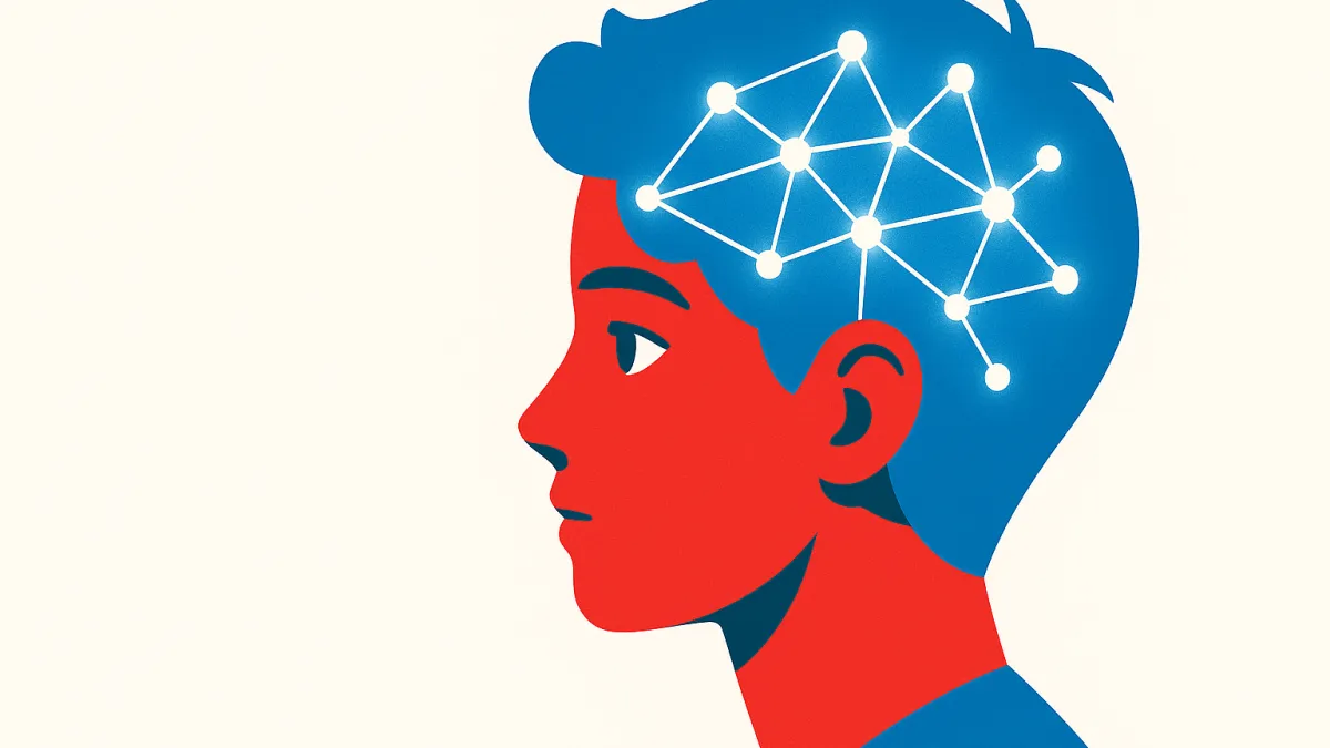 A stylized teenage figure's head in profile made of clean geometric shapes with a glowing network of neural pathway lines branching through it, representing an adolescent brain actively developing