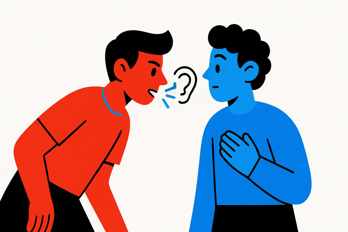 Two stylized teenage figures facing each other in conversation, one leaning in with focused attention, rendered in flat geometric illustration with cyan and red accent shapes