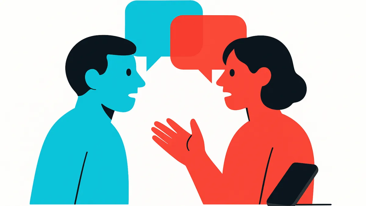 Two stylized human figures facing each other in conversation, connected by simple cyan and red geometric speech-bubble shapes, with a dimmed smartphone silhouette being set aside to represent choosing real conversation over a screen.