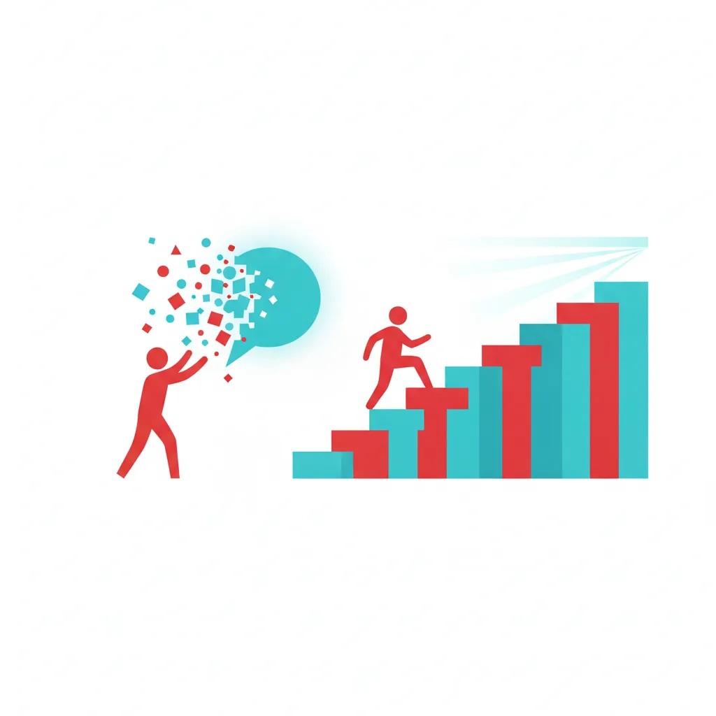 A stylized human figure reaching toward a glowing speech bubble dissolving into fragments on one side, while climbing a solid staircase of geometric blocks toward a bright horizon on the other, representing empty encouragement versus real skill-building