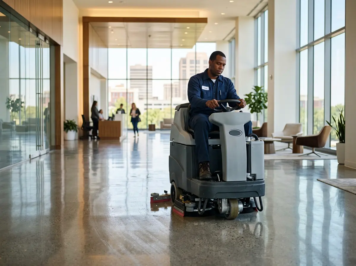 Commercial floor care service - technician auto-scrubbing hard floors in a business