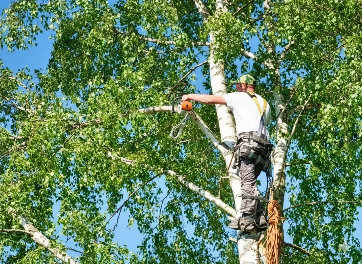 contractor trimming tree using chainsaw