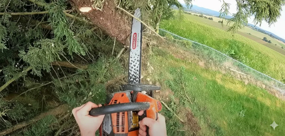 trimming of tree using chainsaw in top part