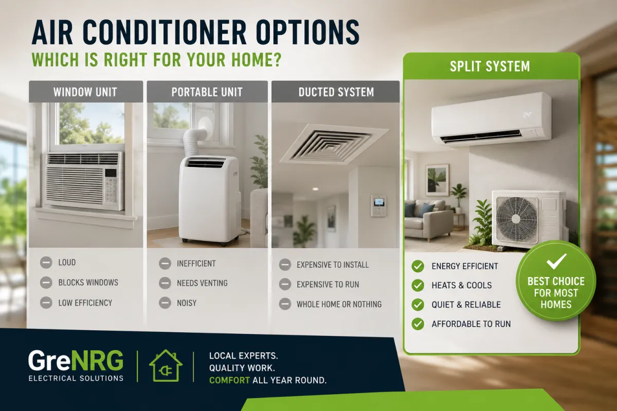 Clean comparison layout featuring: Window unit Portable AC Ducted vent ceiling Split system Professional product photography style. Split system visually larger and highlighted.
