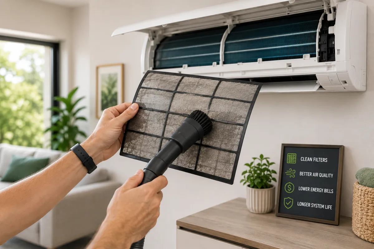 Cleaning a split system air conditioner filter to improve performance, energy efficiency and air quality.