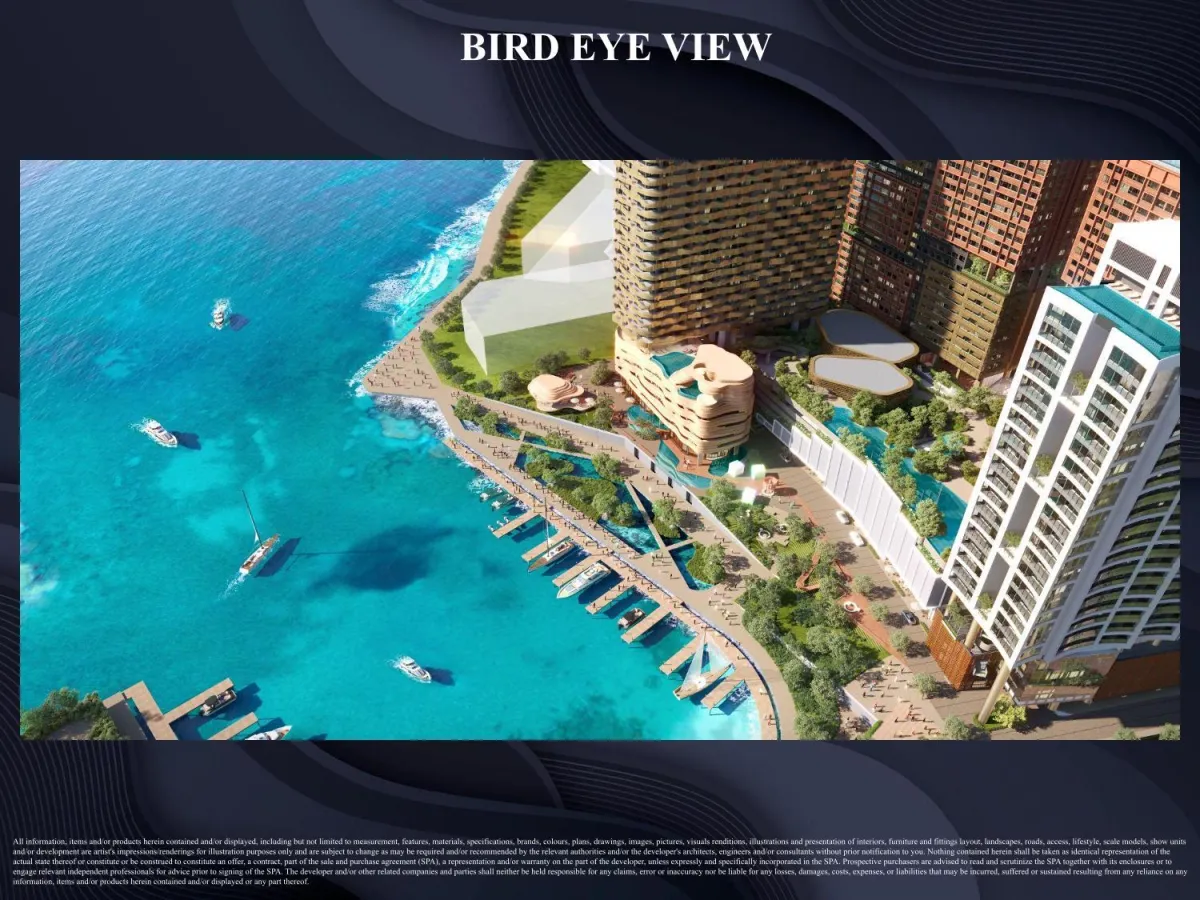 Bird’s eye view of Jesselton Docklands marina with The Bedrock towers and landscaped deck.