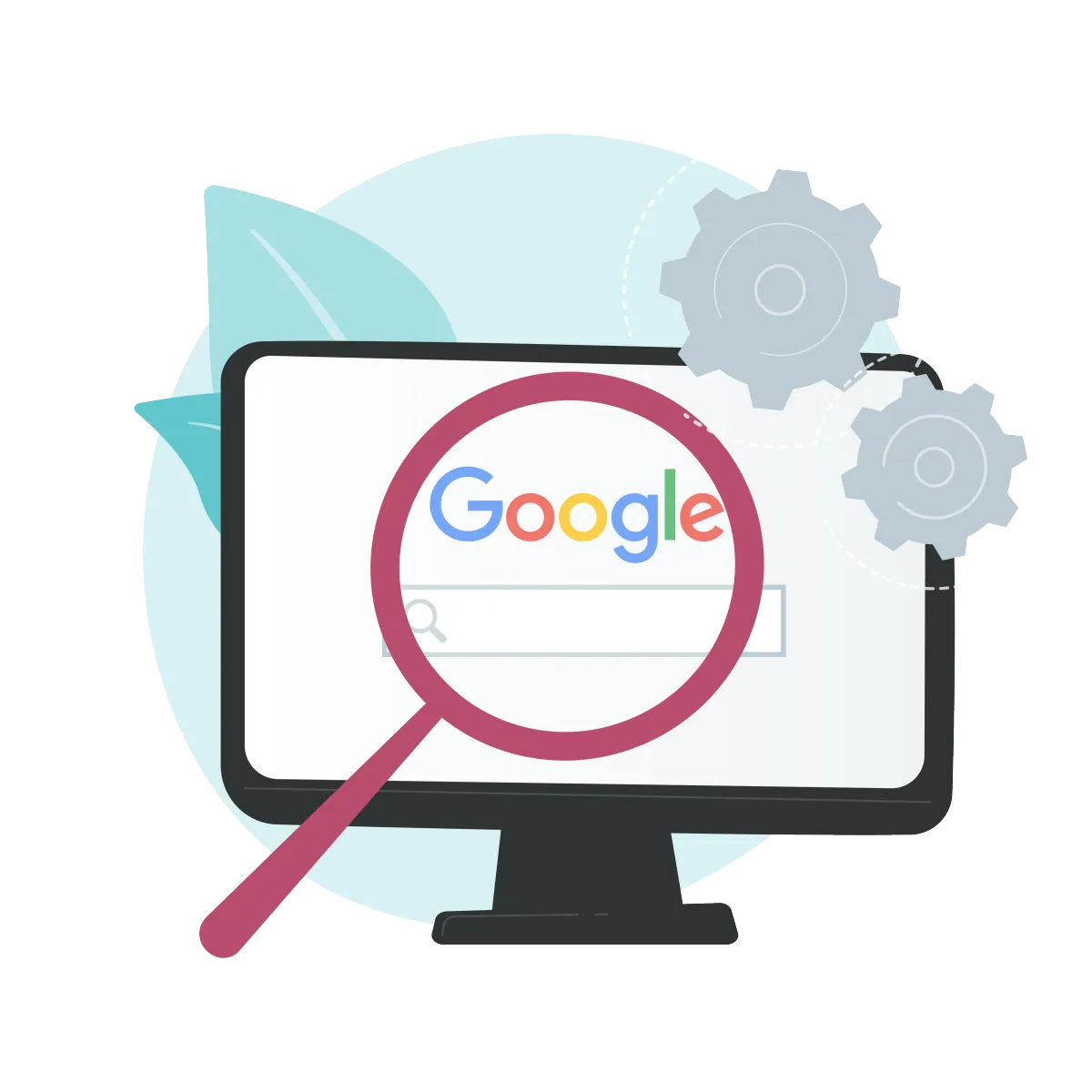 Computer with Google search and magnifying glass