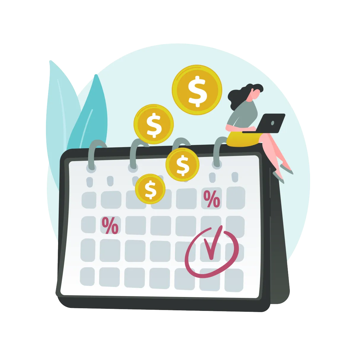 Calendar with Woman sitting on top with laptop