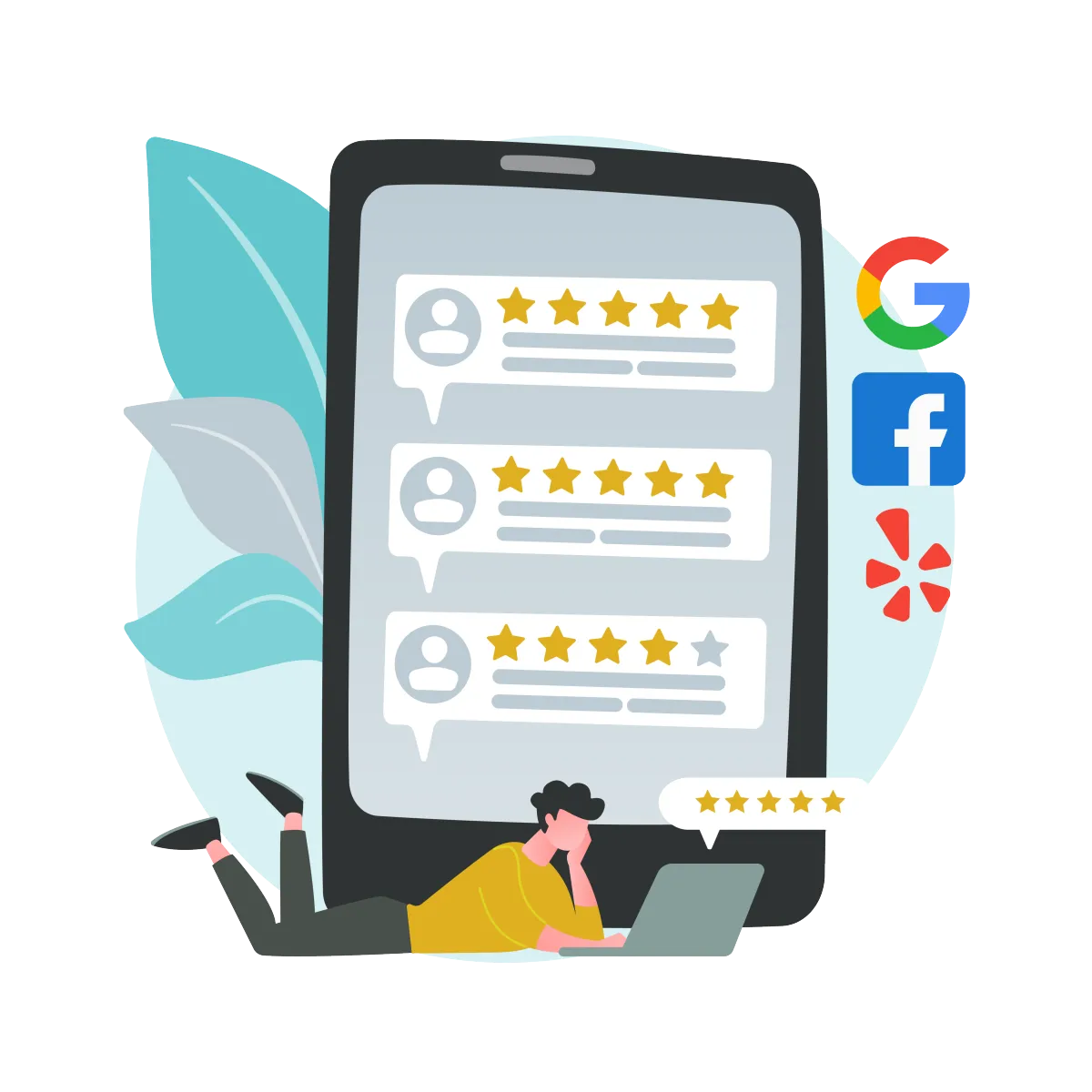 Tablet with Google reviews, social media logos and man on ground with laptop